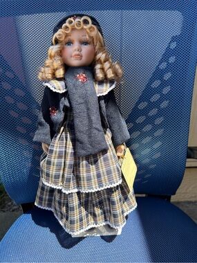 Antique Vintage Classic Porcelain Doll in Black and Blonde - Decorative